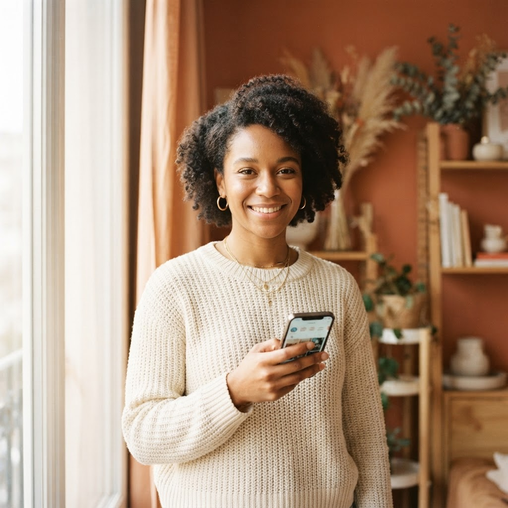 Content creator holding a smartphone