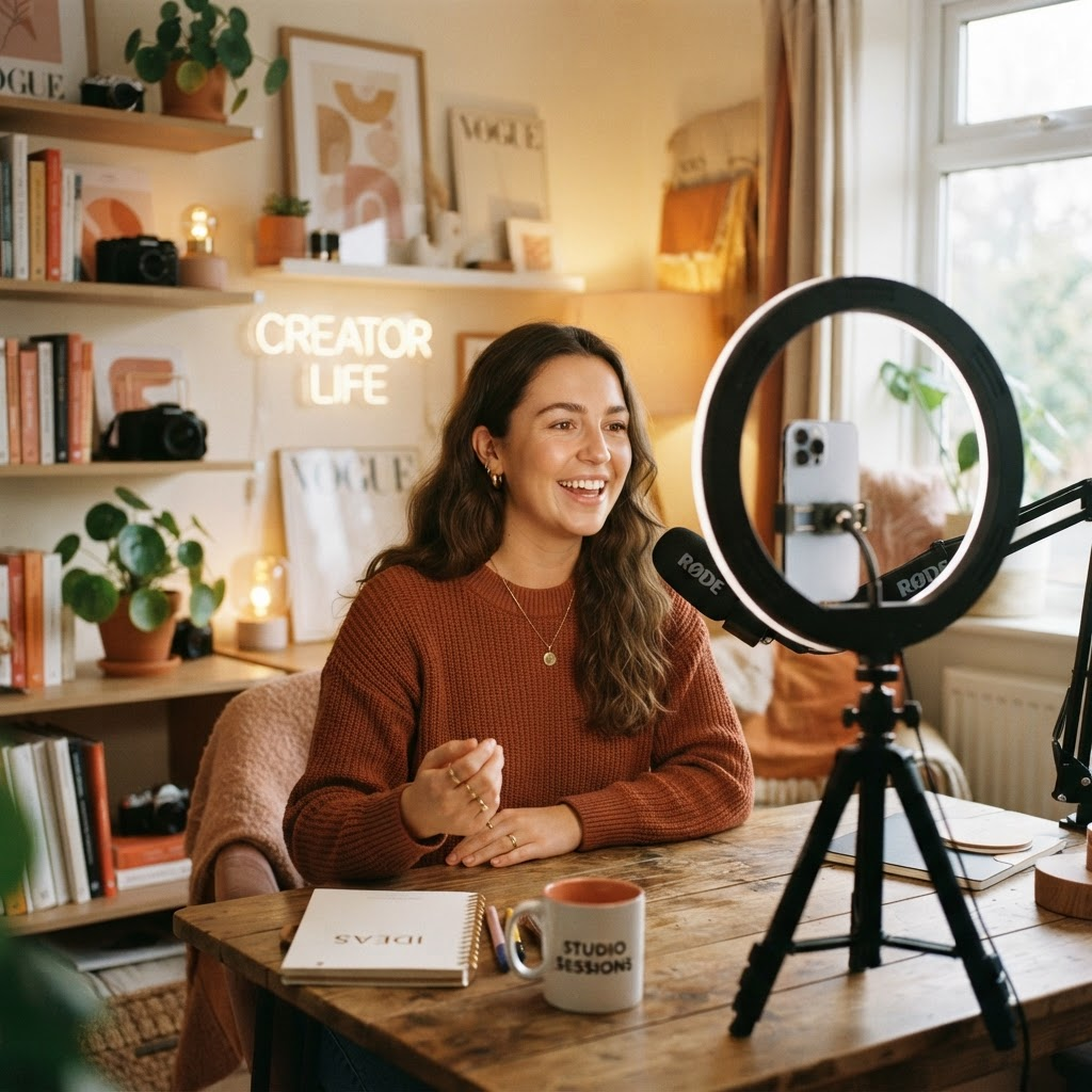 Creator filming a video with a ring light